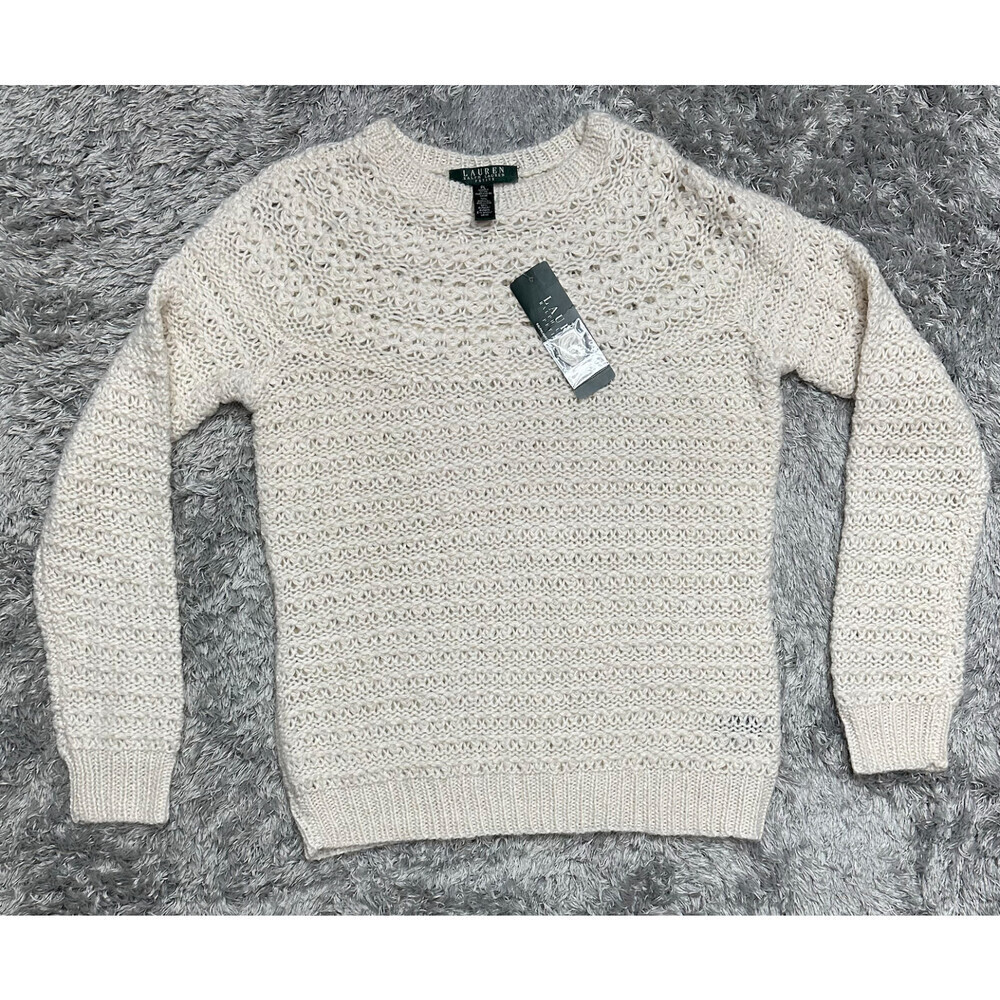 Lauren Ralph Lauren women's Pointelle Knit Crew Neck Sweater Cream Size Petite L